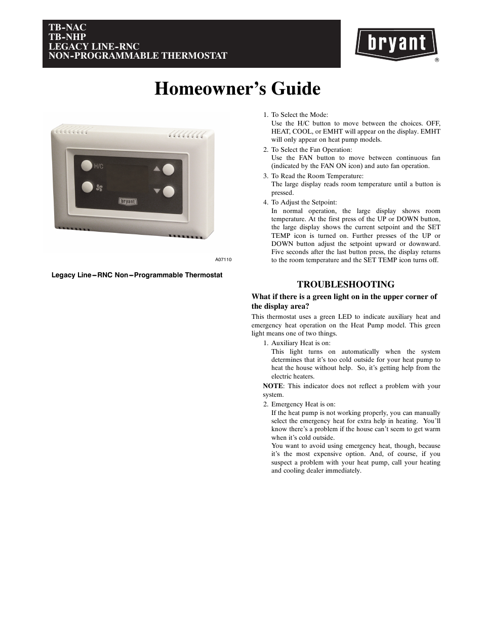 Homeowner’s guide, Troubleshooting | Bryant T1--NAC User Manual | Page 5 / 6