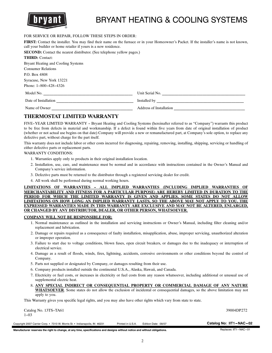 Bryant heating & cooling systems, Thermostat limited warranty | Bryant T1--NAC User Manual | Page 6 / 6