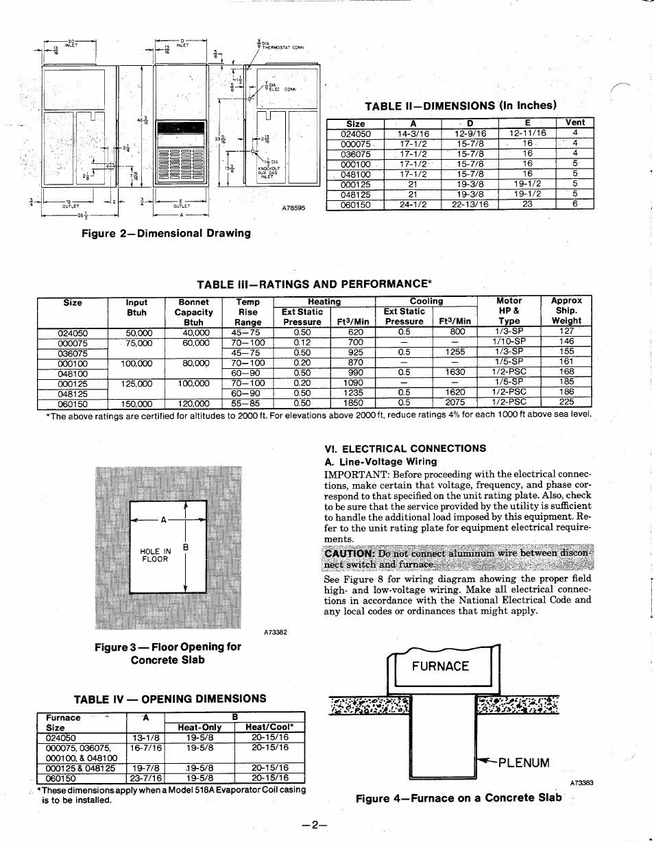 Table ll-dimensions (in inches), Figure 2—dimensional drawing, Table lil-ratings and performance | Figure 3 — floor opening for concrete siab, Table iv —opening dimensions | Bryant 396G User Manual | Page 2 / 8