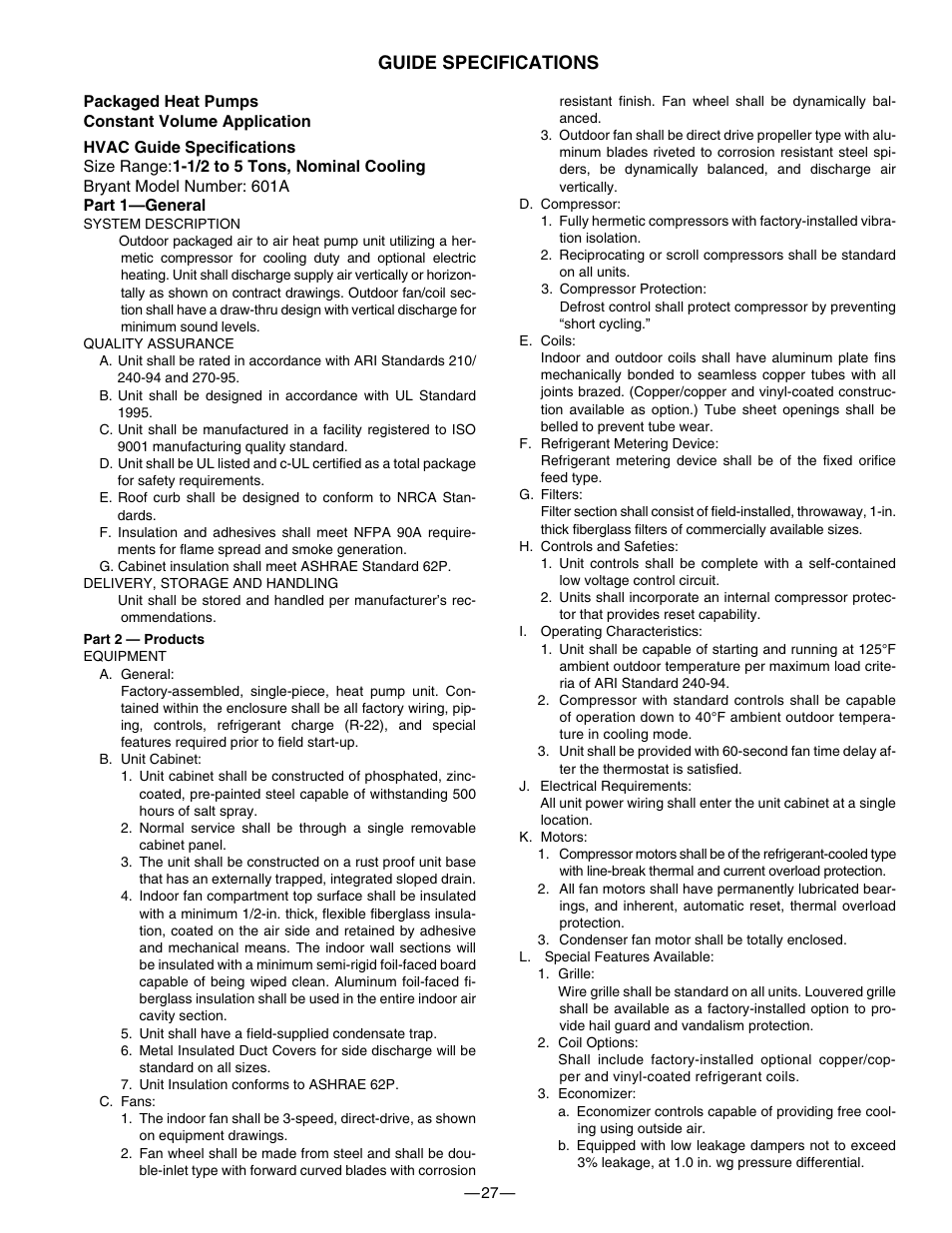 Guide specifications | Bryant 601A User Manual | Page 27 / 28