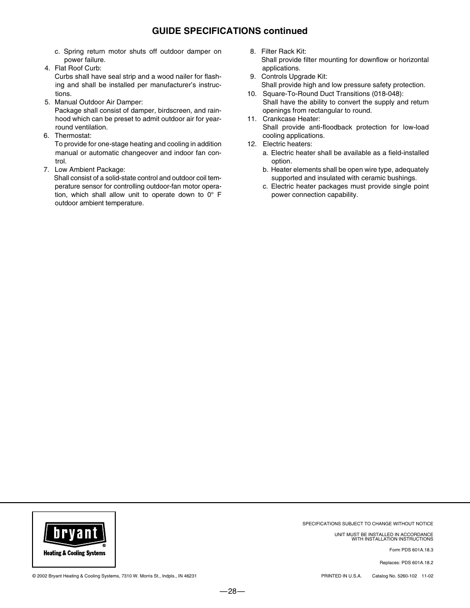 Guide specifications continued | Bryant 601A User Manual | Page 28 / 28