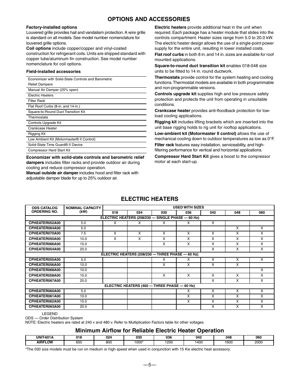 Electric heaters, Options and accessories | Bryant 601A User Manual | Page 5 / 28
