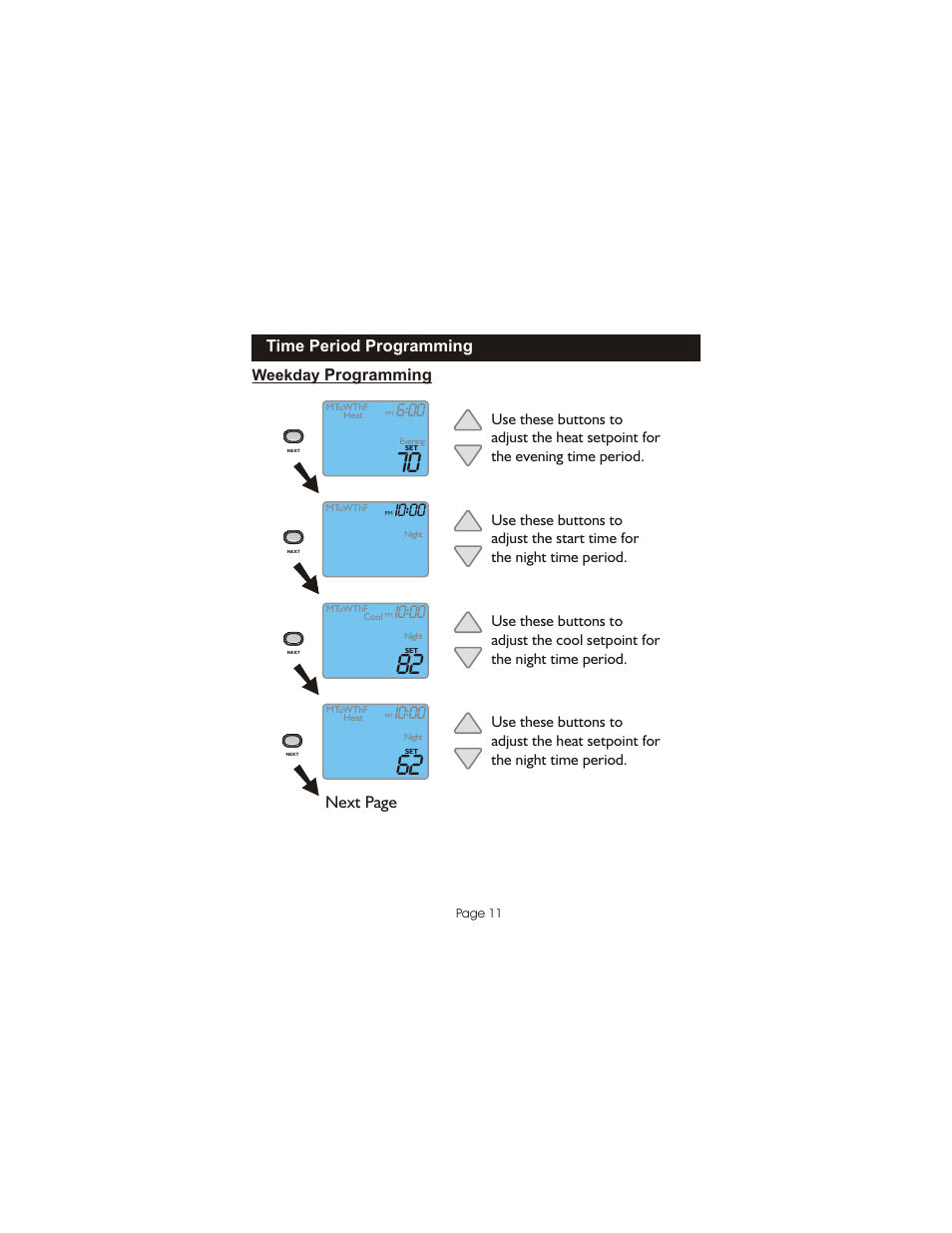 I0:00, Next page, Time period programming | Programming | Bryant Programmable Digital TSTATBBPQ501 User Manual | Page 12 / 21