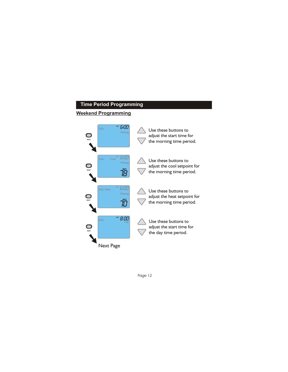 Next page, Time period programming, Programming | Bryant Programmable Digital TSTATBBPQ501 User Manual | Page 13 / 21