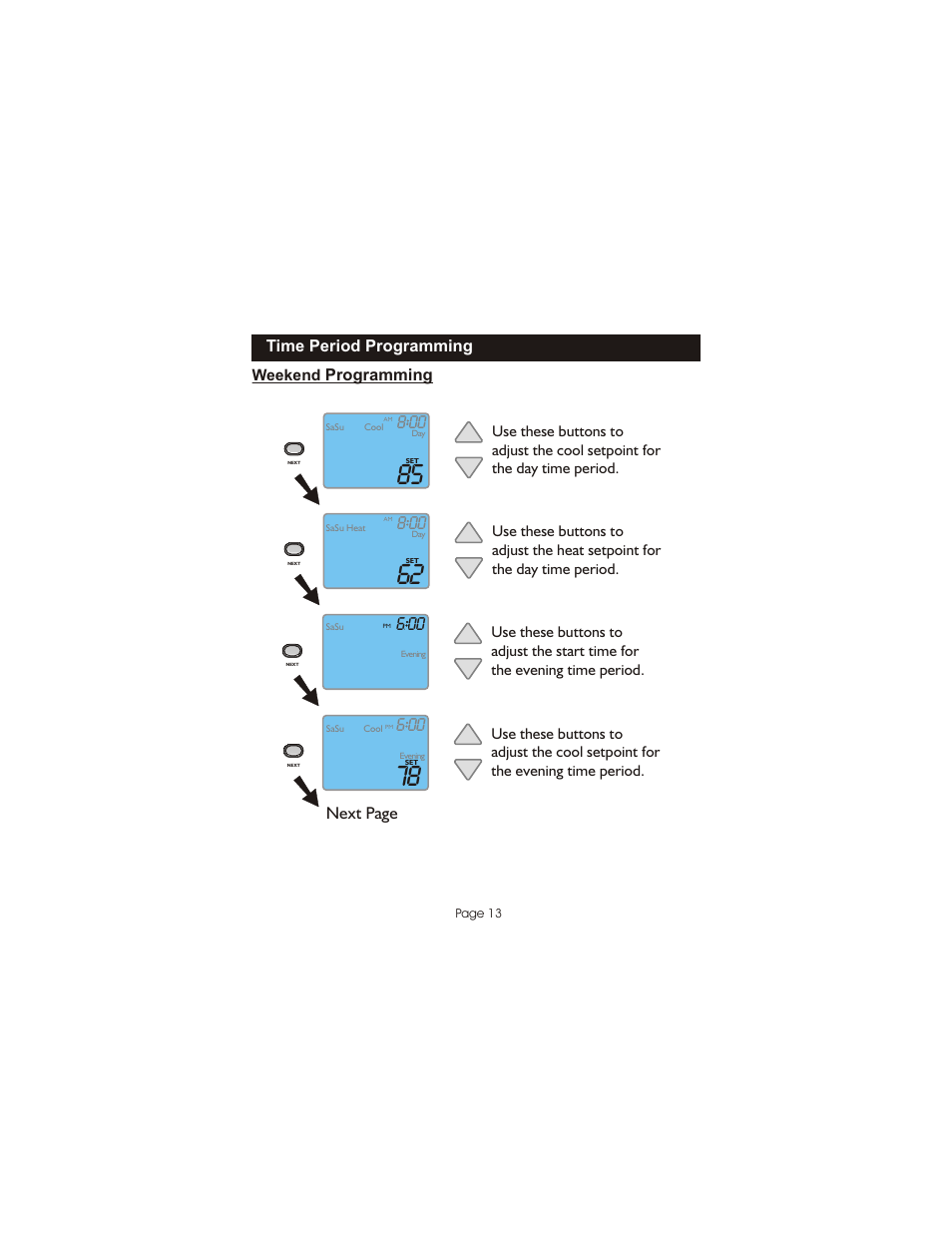 Next page, Time period programming, Programming | Bryant Programmable Digital TSTATBBPQ501 User Manual | Page 14 / 21