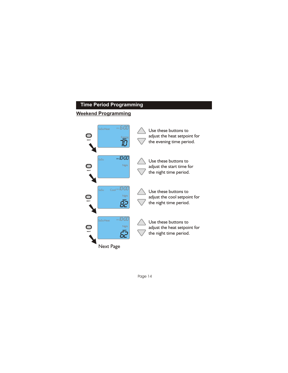 I0:00, Next page, Time period programming | Programming | Bryant Programmable Digital TSTATBBPQ501 User Manual | Page 15 / 21