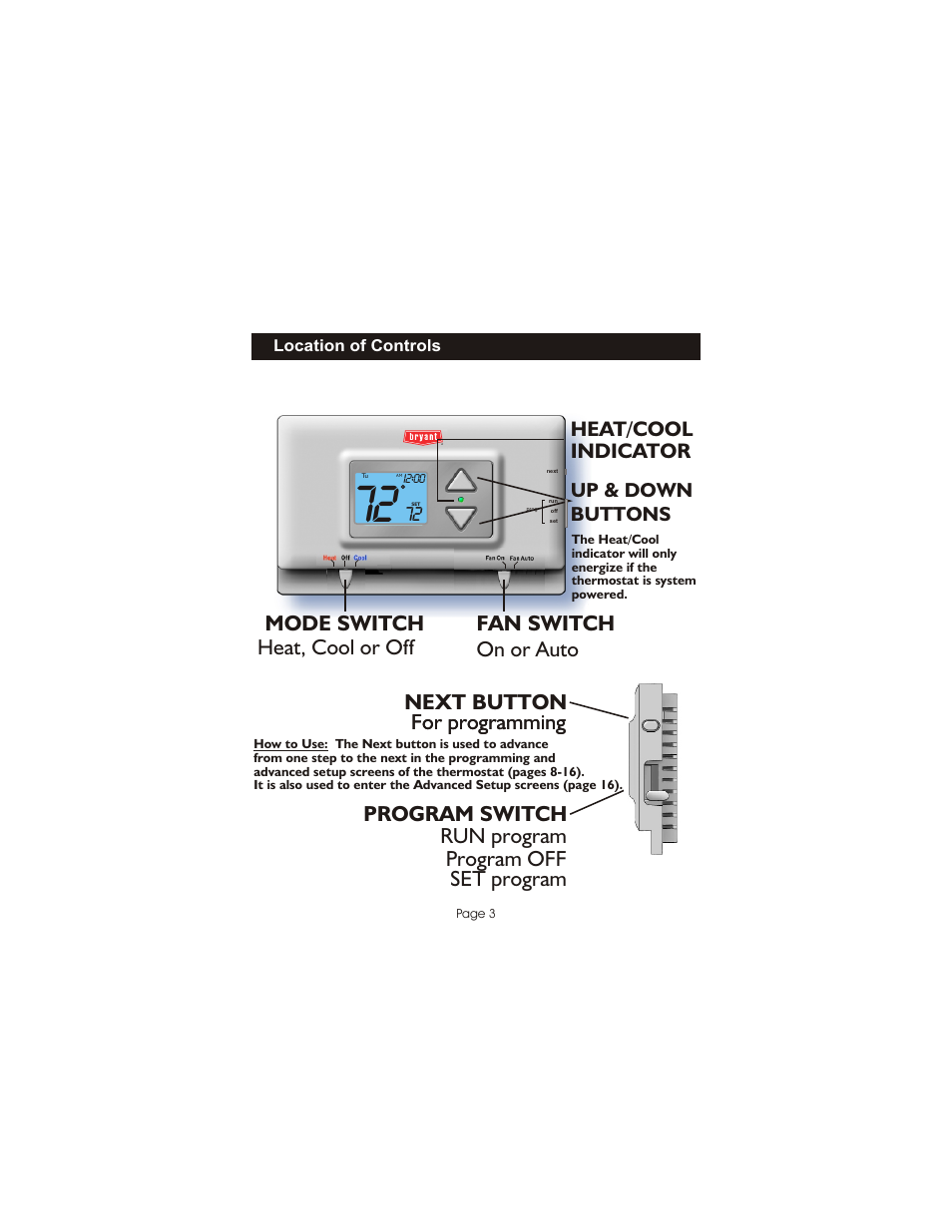 Mode switch on or auto fan switch, Up & down buttons | Bryant Programmable Digital TSTATBBPQ501 User Manual | Page 4 / 21