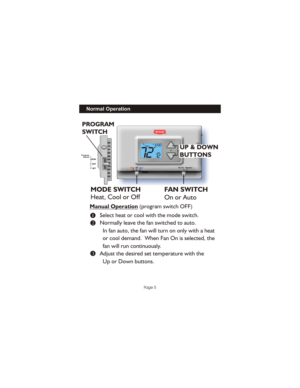 On or auto, Mode switch fan switch, Heat, cool or off | Program switch, Up & down buttons | Bryant Programmable Digital TSTATBBPQ501 User Manual | Page 6 / 21