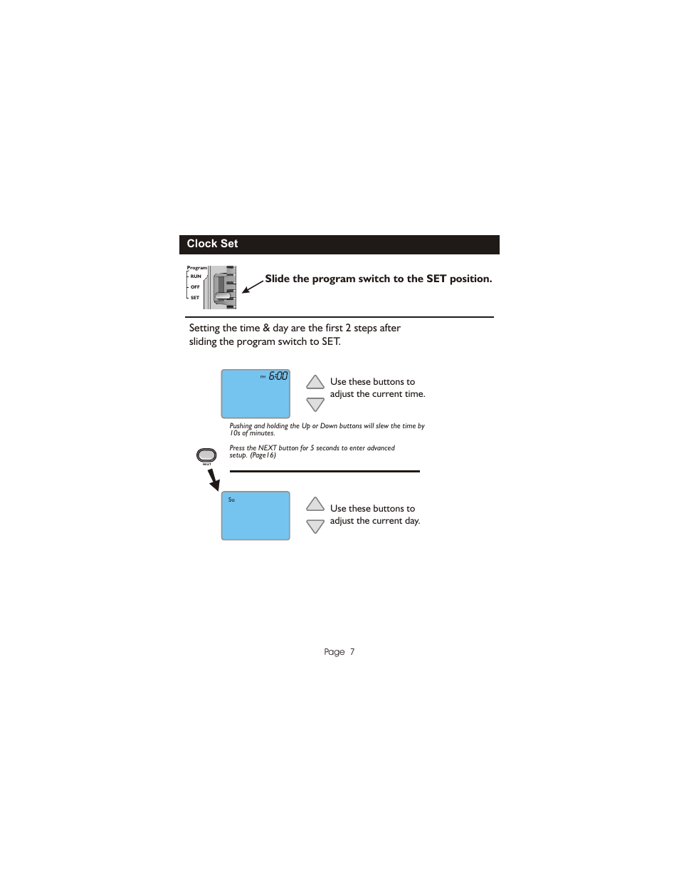 Clock set, Slide the program switch to the set position | Bryant Programmable Digital TSTATBBPQ501 User Manual | Page 8 / 21
