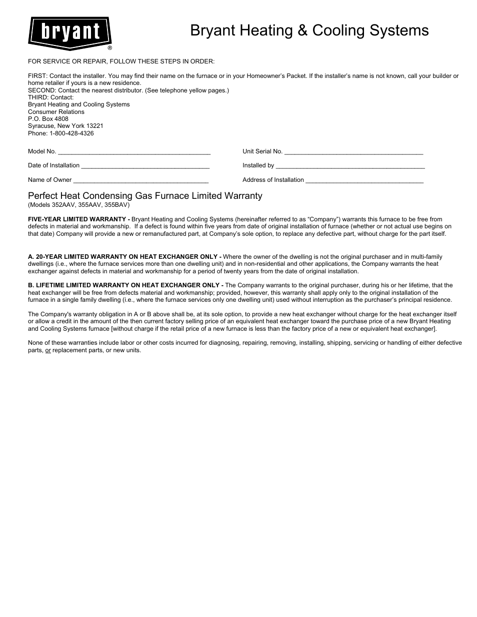 Bryant 355BAV User Manual | 2 pages