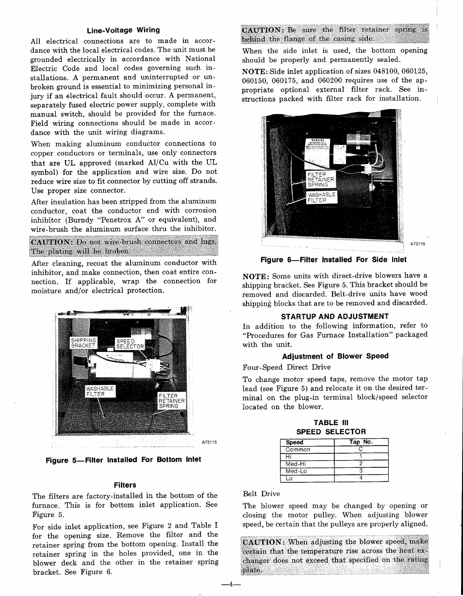 Line-voltage wiring, Startup and adjustment, Adjustment of blower speed | Table iii, Speed selector | Bryant 394B User Manual | Page 4 / 6