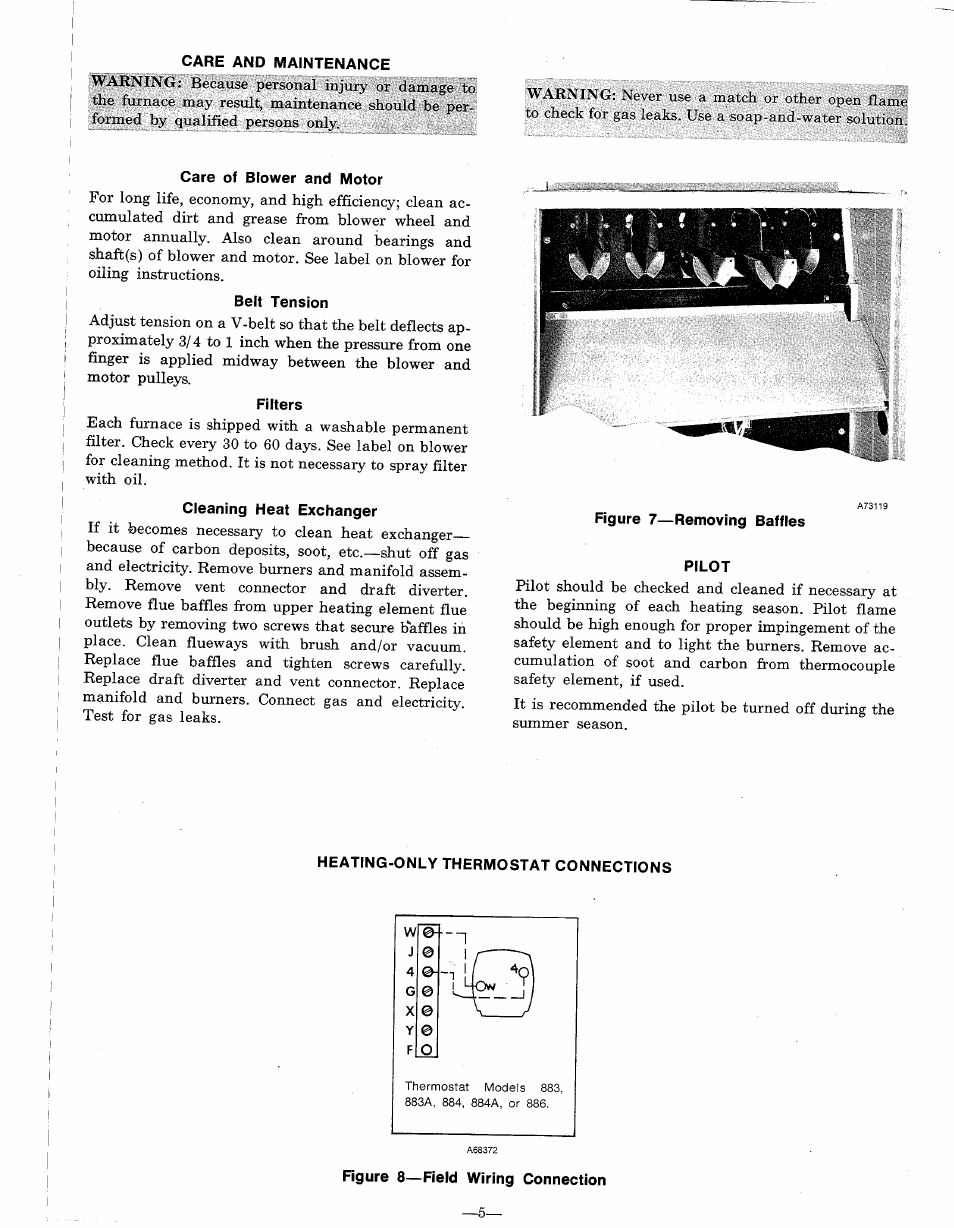 Care and maintenance, Care of blower and motor, Belt tension | Filters, Pilot, Heating-only thermostat connections | Bryant 394B User Manual | Page 5 / 6