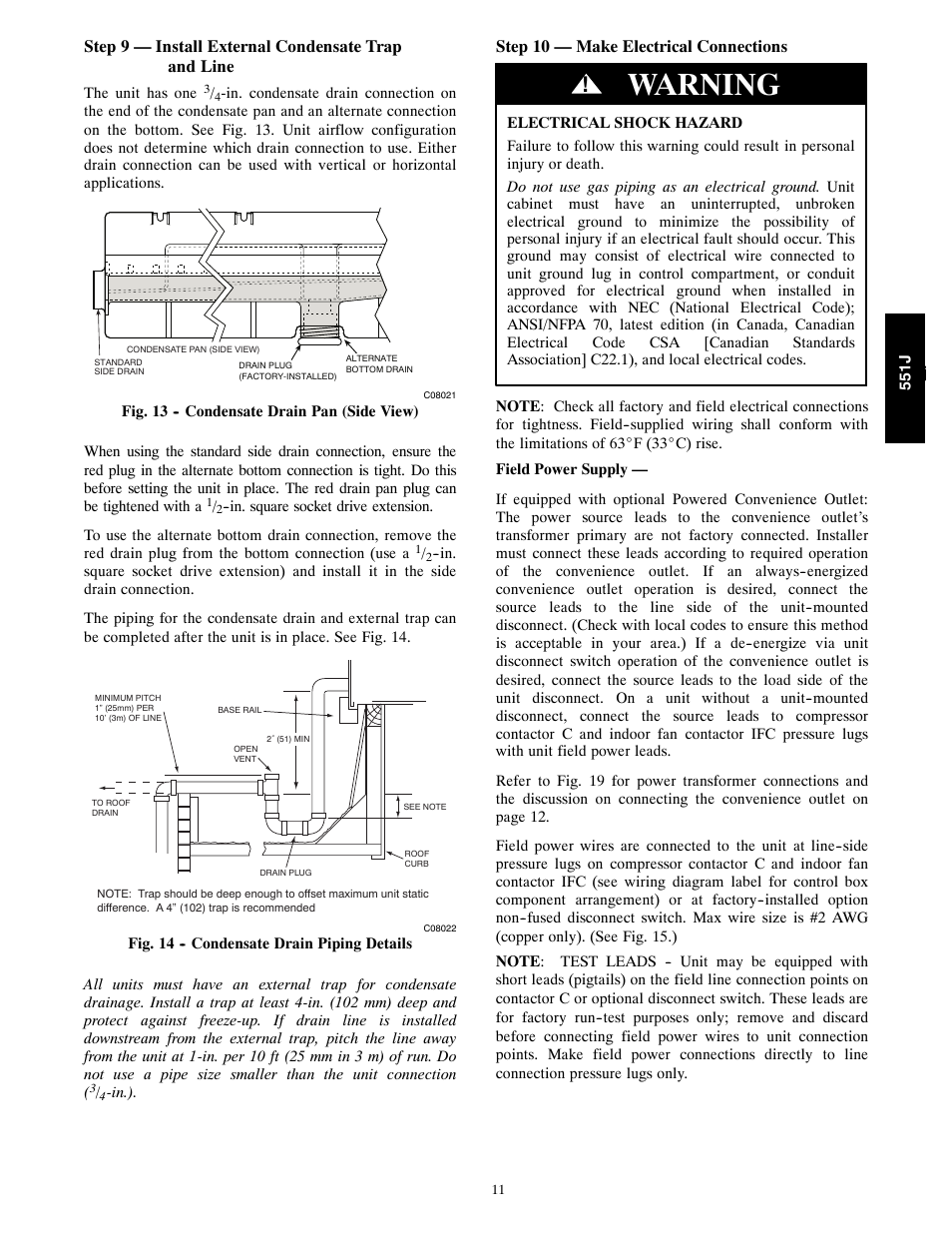 Warning, Step 9 — install external condensate trap and line, Step 10 — make electrical connections | Bryant 551J User Manual | Page 11 / 36