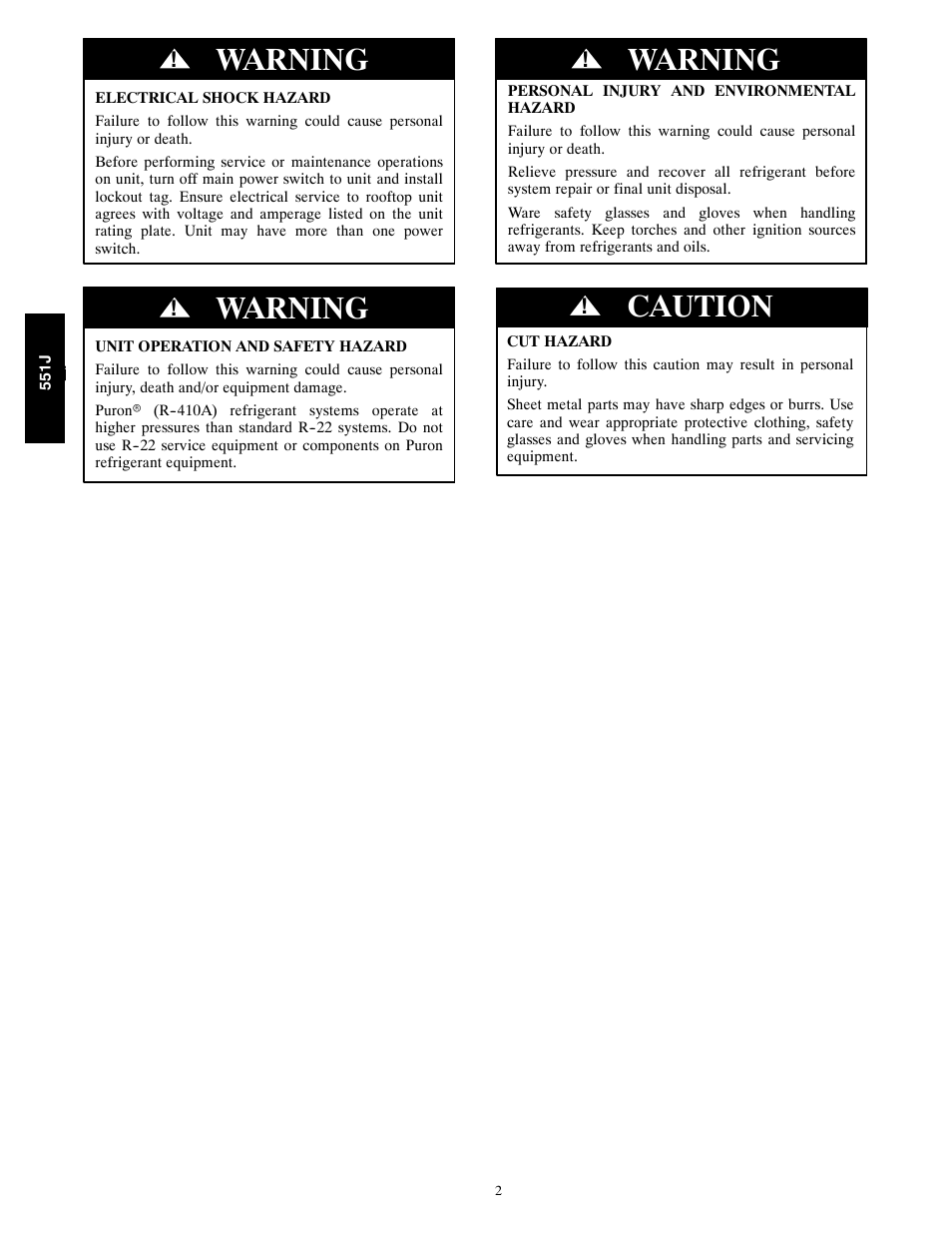 Warning, Caution | Bryant 551J User Manual | Page 2 / 36