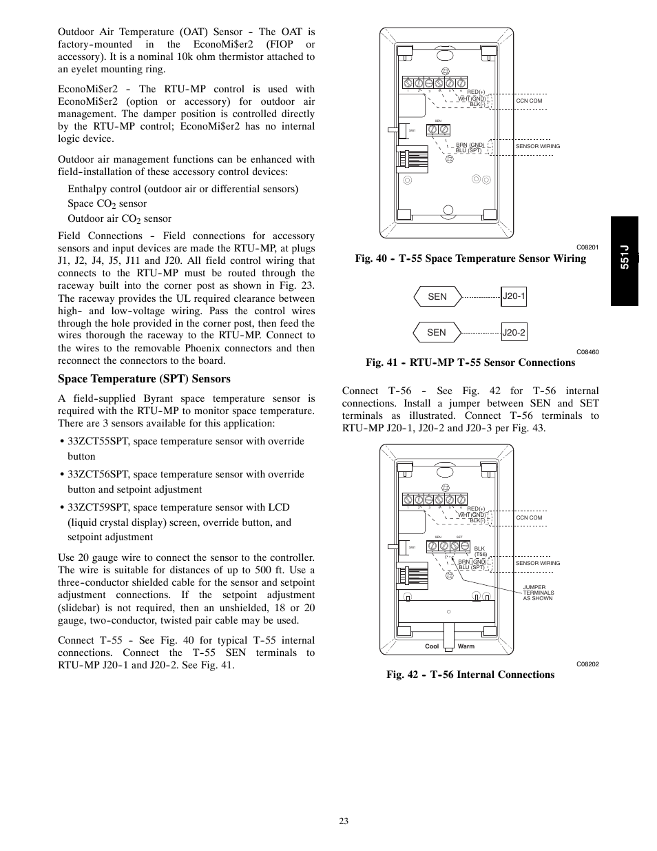 Space temperature (spt) sensors, Sensor outdoor air co, Fig. 40 -- t space temperature sensor wiring | Bryant 551J User Manual | Page 23 / 36