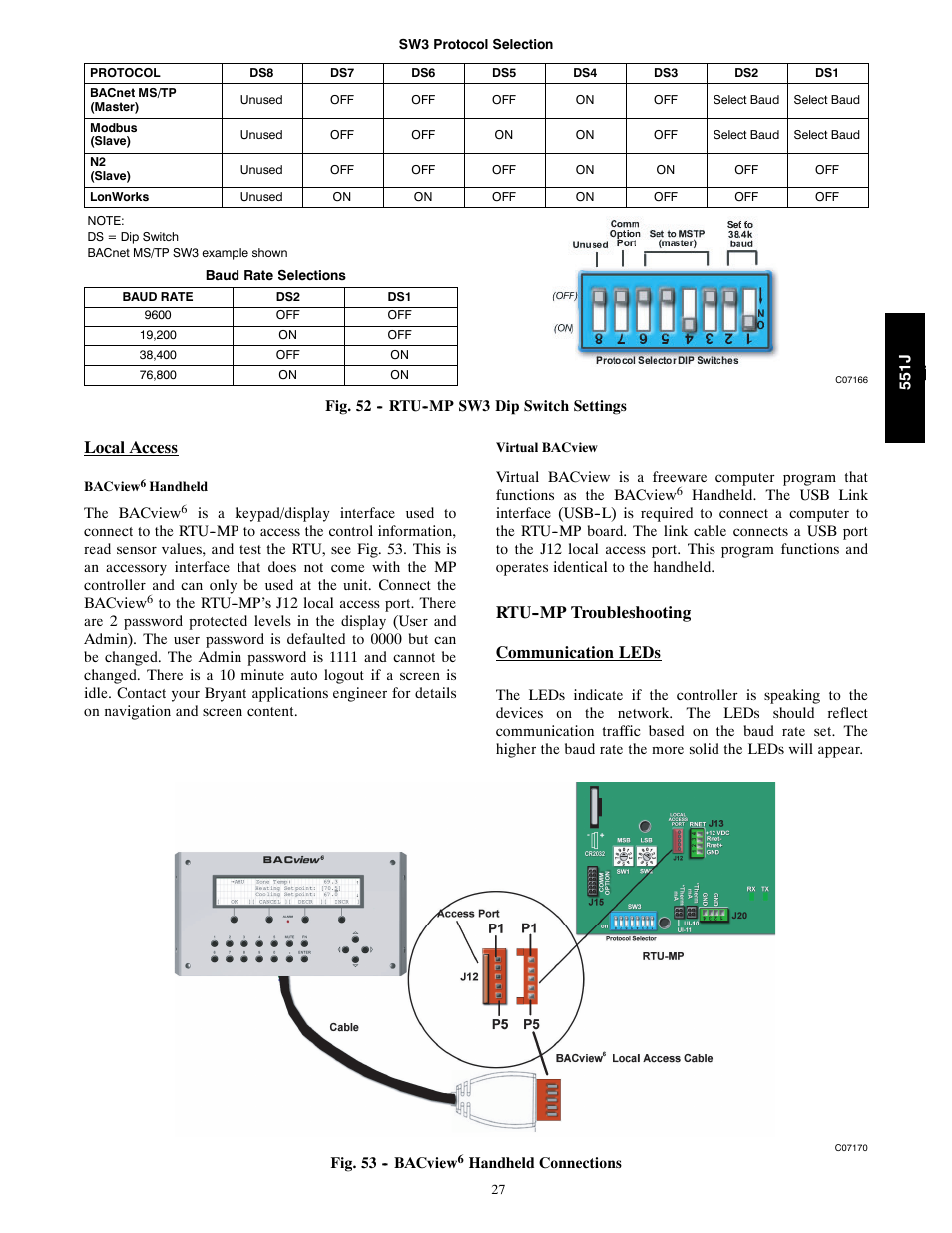 Local access, Rtu--mp troubleshooting communication leds | Bryant 551J User Manual | Page 27 / 36