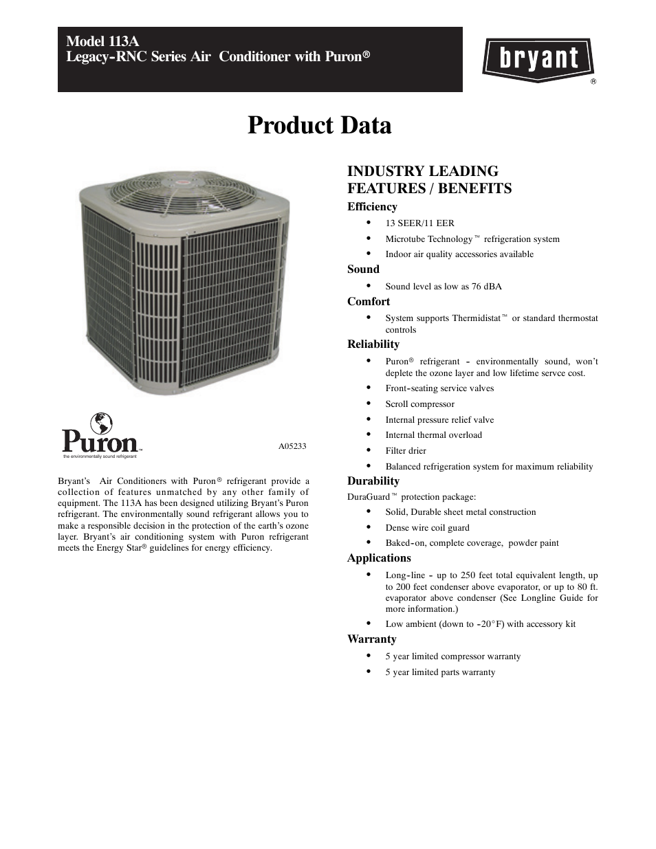 Bryant AIR CONDITIONER WITH PURONR 113A User Manual | 22 pages