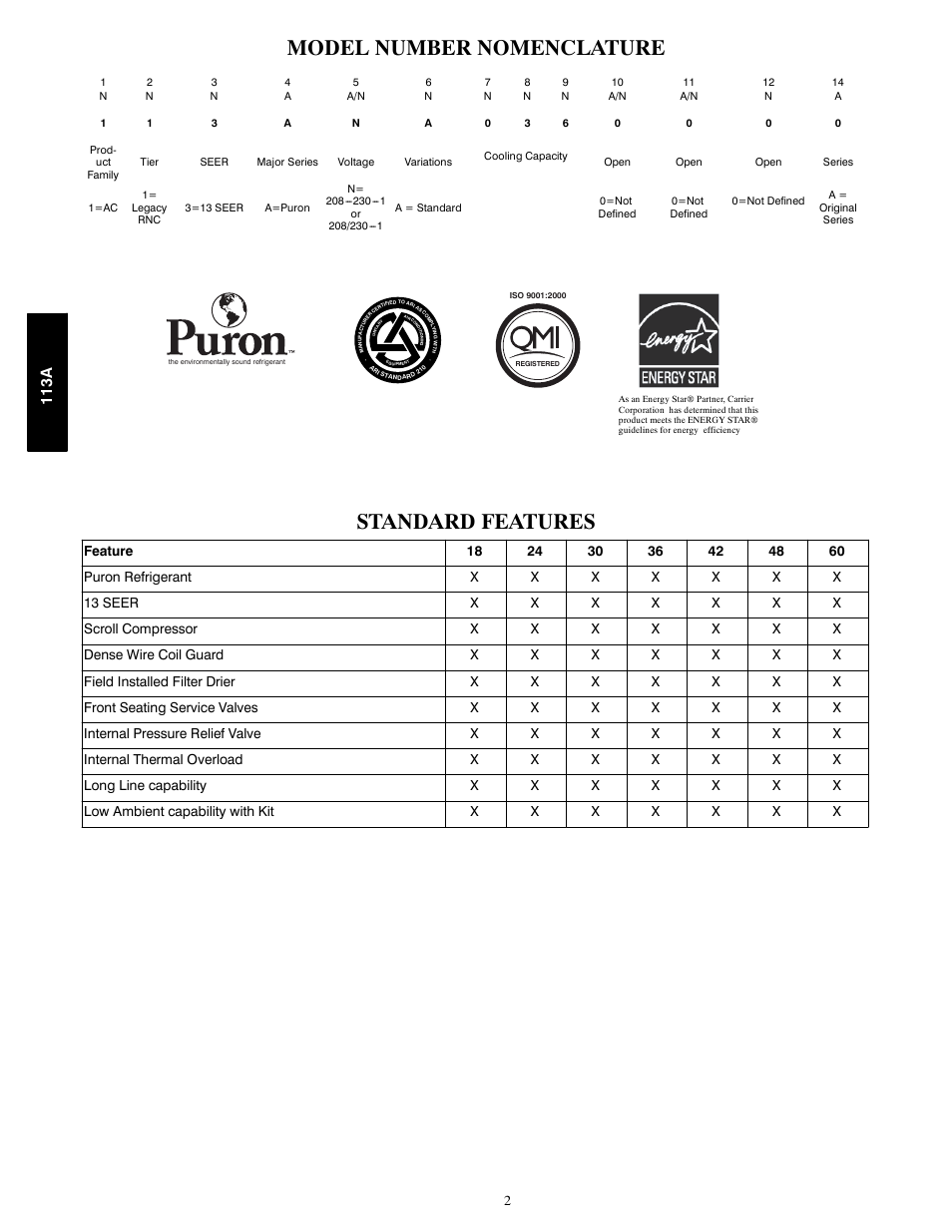 Model number nomenclature, Standard features, 113a | Bryant AIR CONDITIONER WITH PURONR 113A User Manual | Page 2 / 22