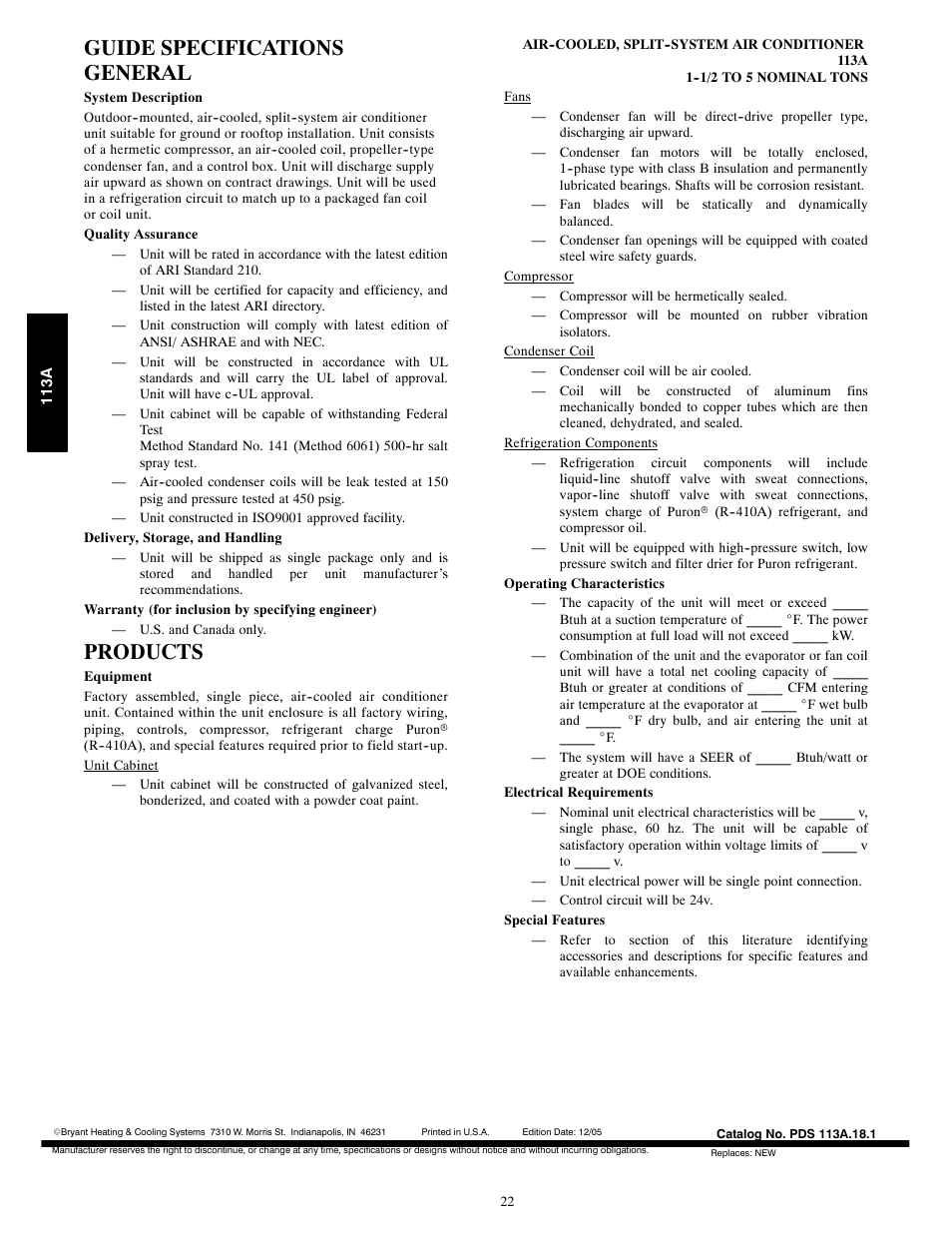 Guide specifications, Guide specifications general, Products | Bryant AIR CONDITIONER WITH PURONR 113A User Manual | Page 22 / 22