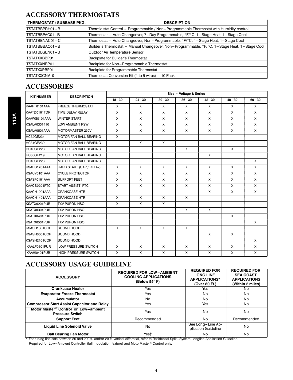 Accessory thermostats, Accessories, Accessory usage guideline | 113a | Bryant AIR CONDITIONER WITH PURONR 113A User Manual | Page 4 / 22