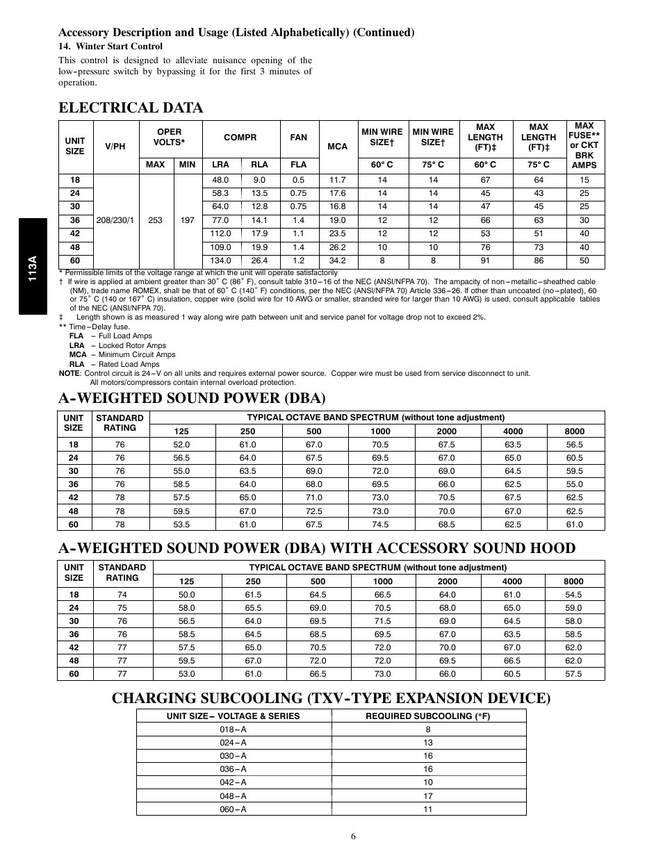 Electrical data, A--weighted sound power (dba), Charging subcooling (txv--type expansion device) | Bryant AIR CONDITIONER WITH PURONR 113A User Manual | Page 6 / 22