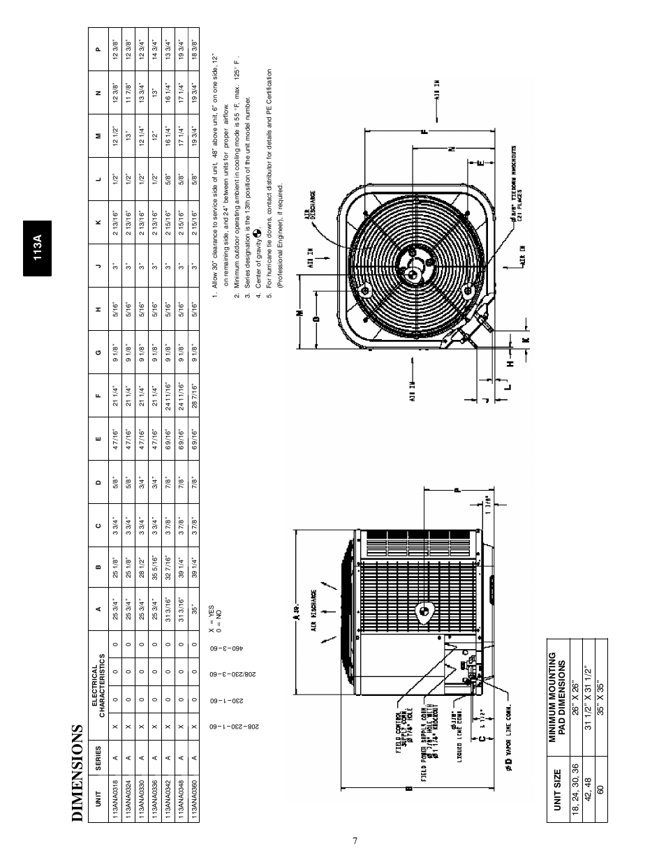 Dimensions, Dimens ions, 113a | Bryant AIR CONDITIONER WITH PURONR 113A User Manual | Page 7 / 22