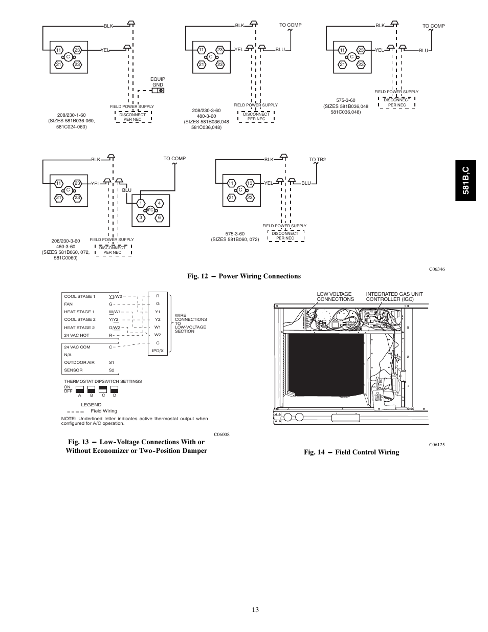 581b ,c, Fig. 12 --- power wiring connections, Fig. 14 --- field control wiring | Bryant 581C024--060 User Manual | Page 13 / 60