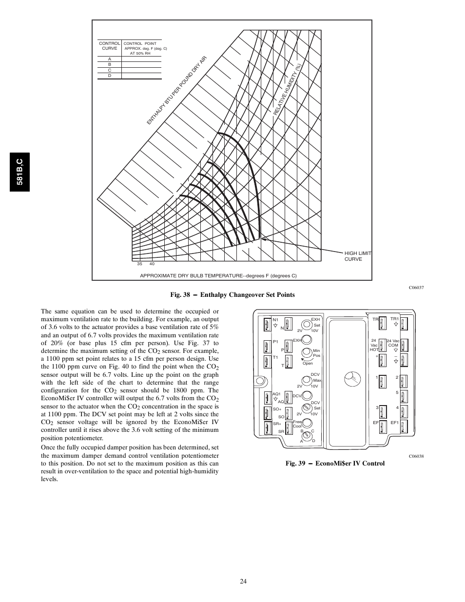581b ,c, Sensor to the actuator when the co, Fig. 39 --- economi$er iv control | Bryant 581C024--060 User Manual | Page 24 / 60