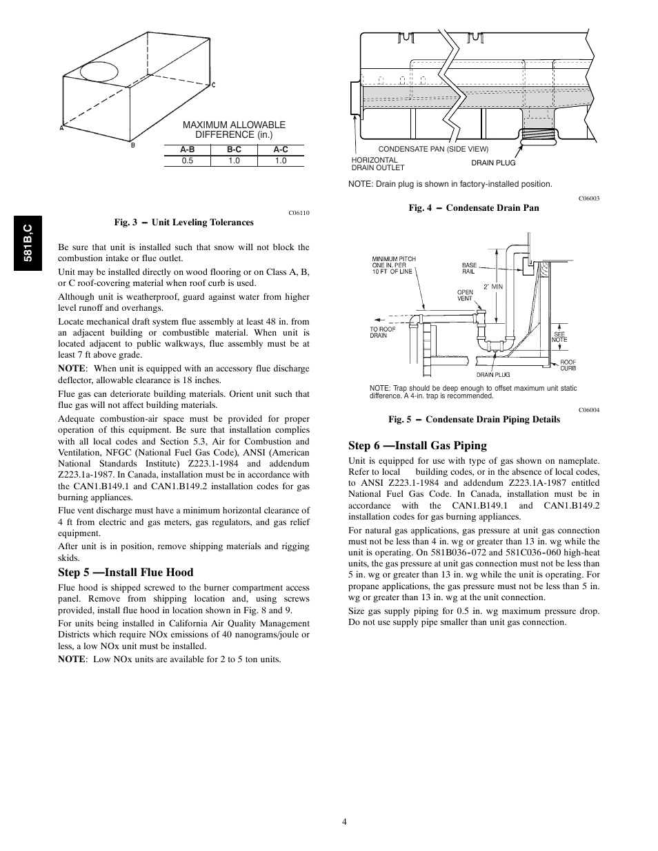 Step 5 - install flue hood, Step 6 - install gas piping, Step 5 —install flue hood | Step 6 —install gas piping | Bryant 581C024--060 User Manual | Page 4 / 60