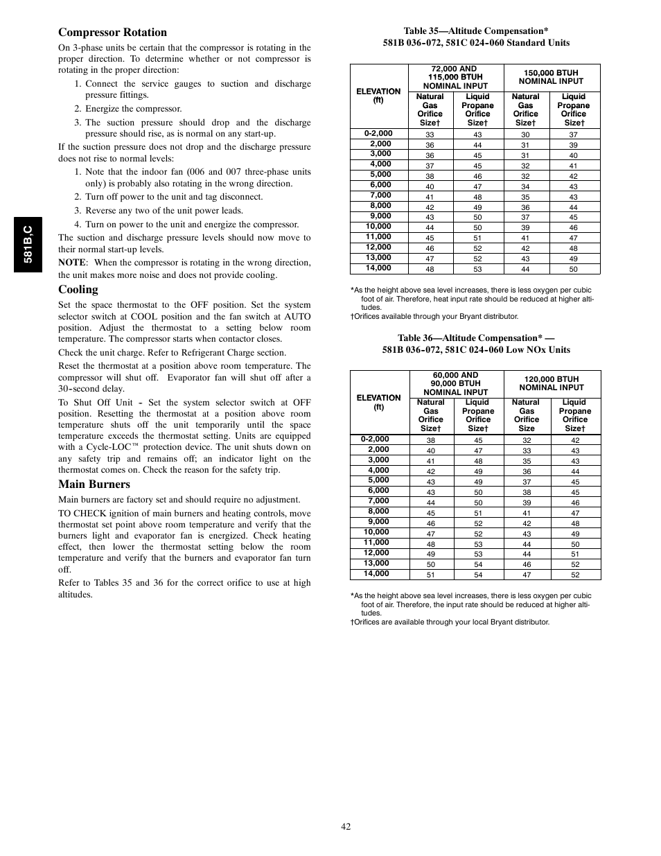 Compressor rotation, Cooling, Main burners | 581b ,c | Bryant 581C024--060 User Manual | Page 42 / 60