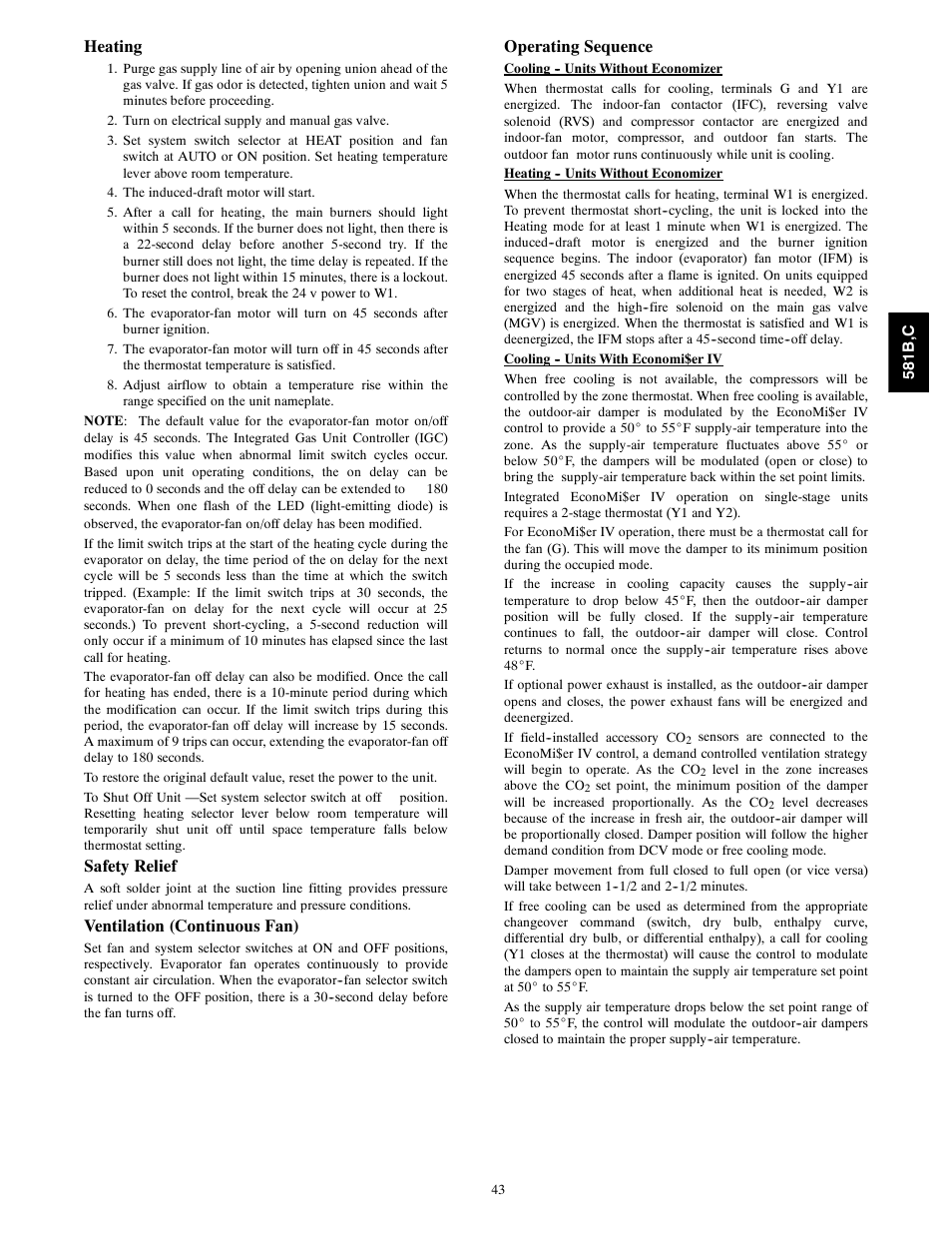 Heating, Safety relief, Ventilation (continuous fan) | Operating sequence | Bryant 581C024--060 User Manual | Page 43 / 60