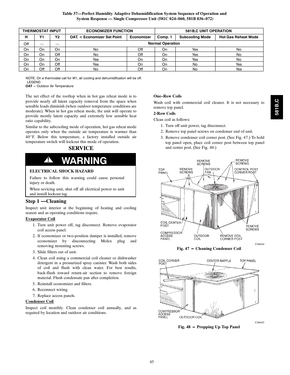 Service, Warning, Step 1 —cleaning | Bryant 581C024--060 User Manual | Page 45 / 60