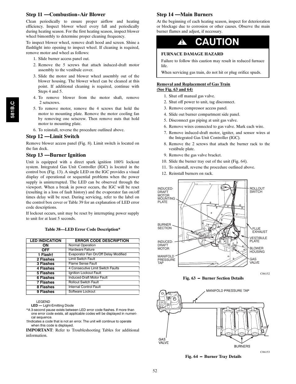 Caution, Step 11 —combustion--air blower, Step 12 —limit switch | Step 13 —burner ignition, Step 14 —main burners | Bryant 581C024--060 User Manual | Page 52 / 60
