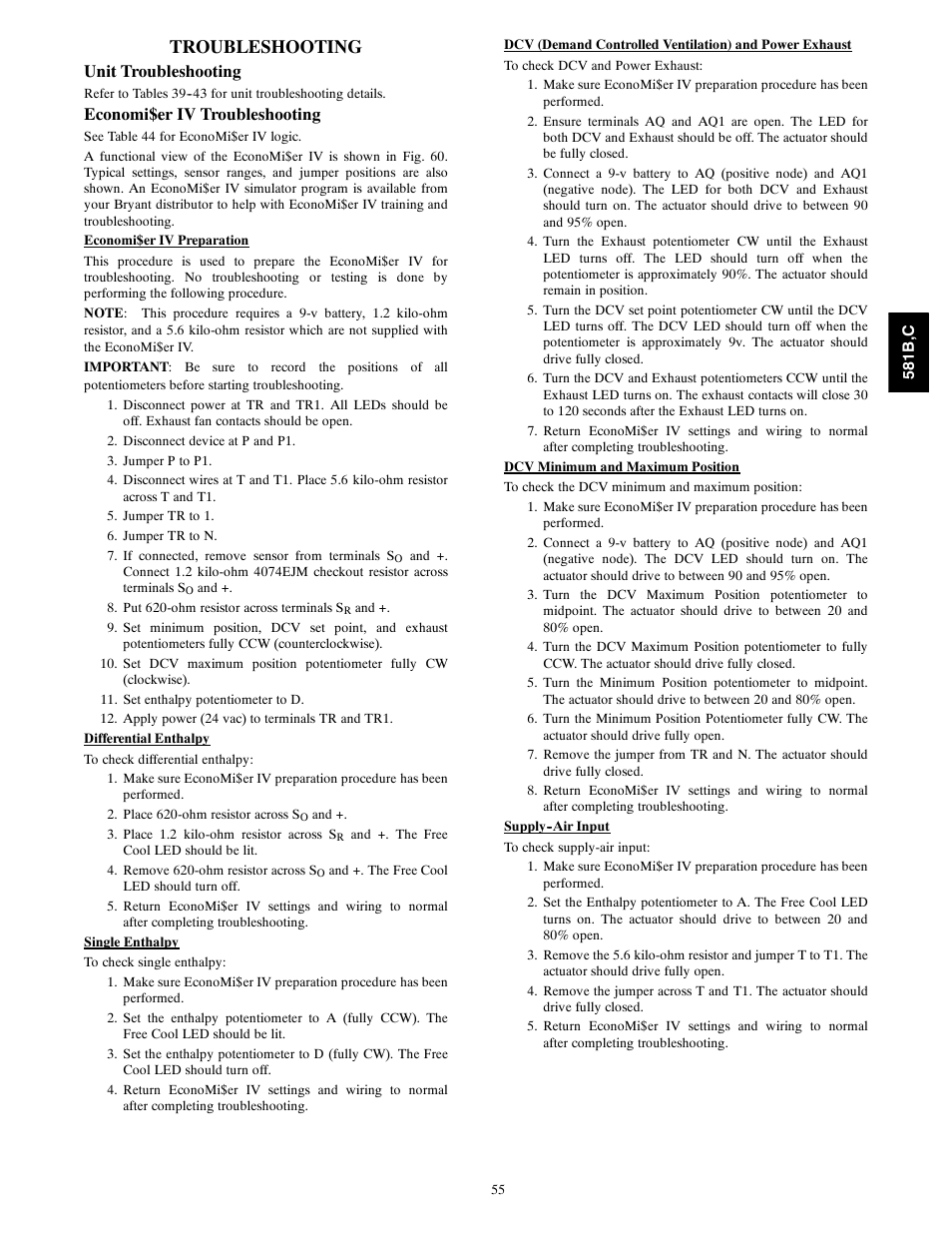 Troubleshooting, Unit troubleshooting, Economi$er iv troubleshooting | Bryant 581C024--060 User Manual | Page 55 / 60