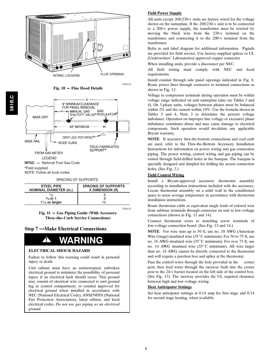 Step 7 - make electrical connections, Warning, Step 7 —make electrical connections | Bryant 581C024--060 User Manual | Page 8 / 60