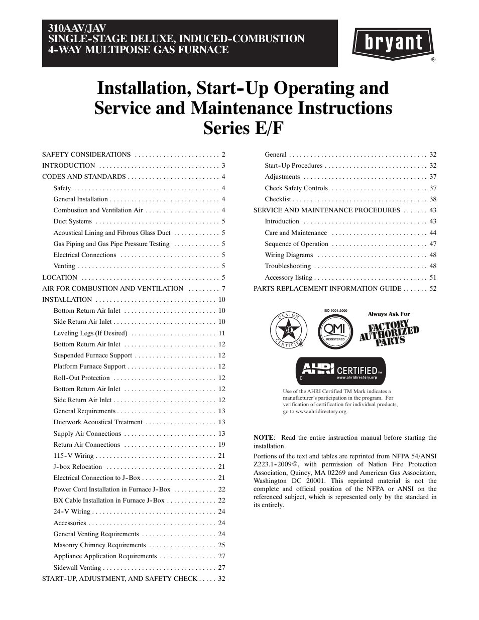 Bryant Series E/F 310AAV User Manual | 52 pages