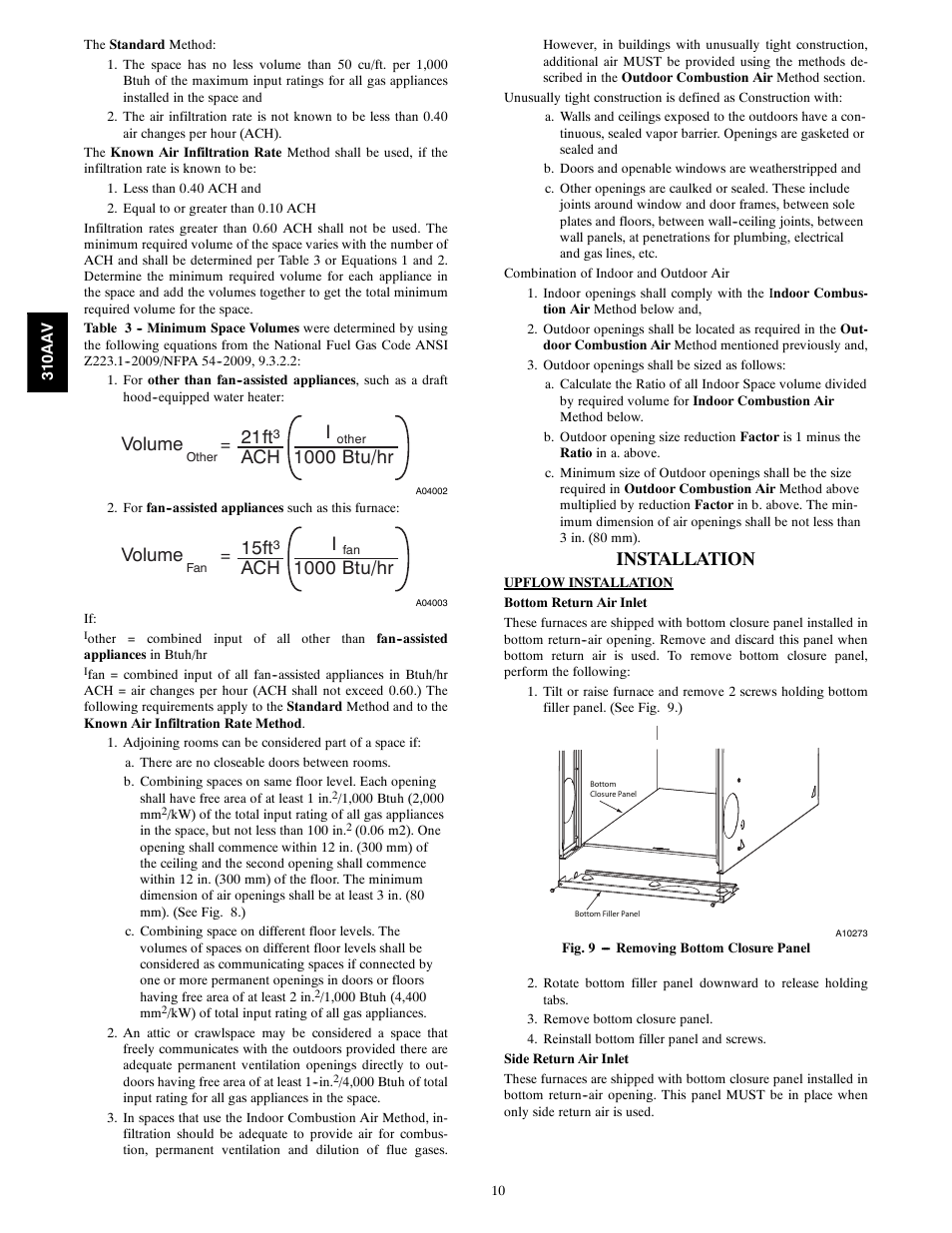 Volume, 21ft, Ach i | 1000 btu/hr, 15ft, Installation | Bryant Series E/F 310AAV User Manual | Page 10 / 52