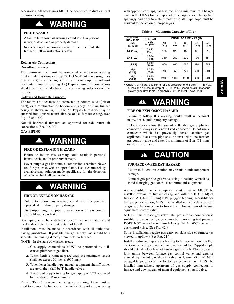 Warning, Caution | Bryant Series E/F 310AAV User Manual | Page 19 / 52