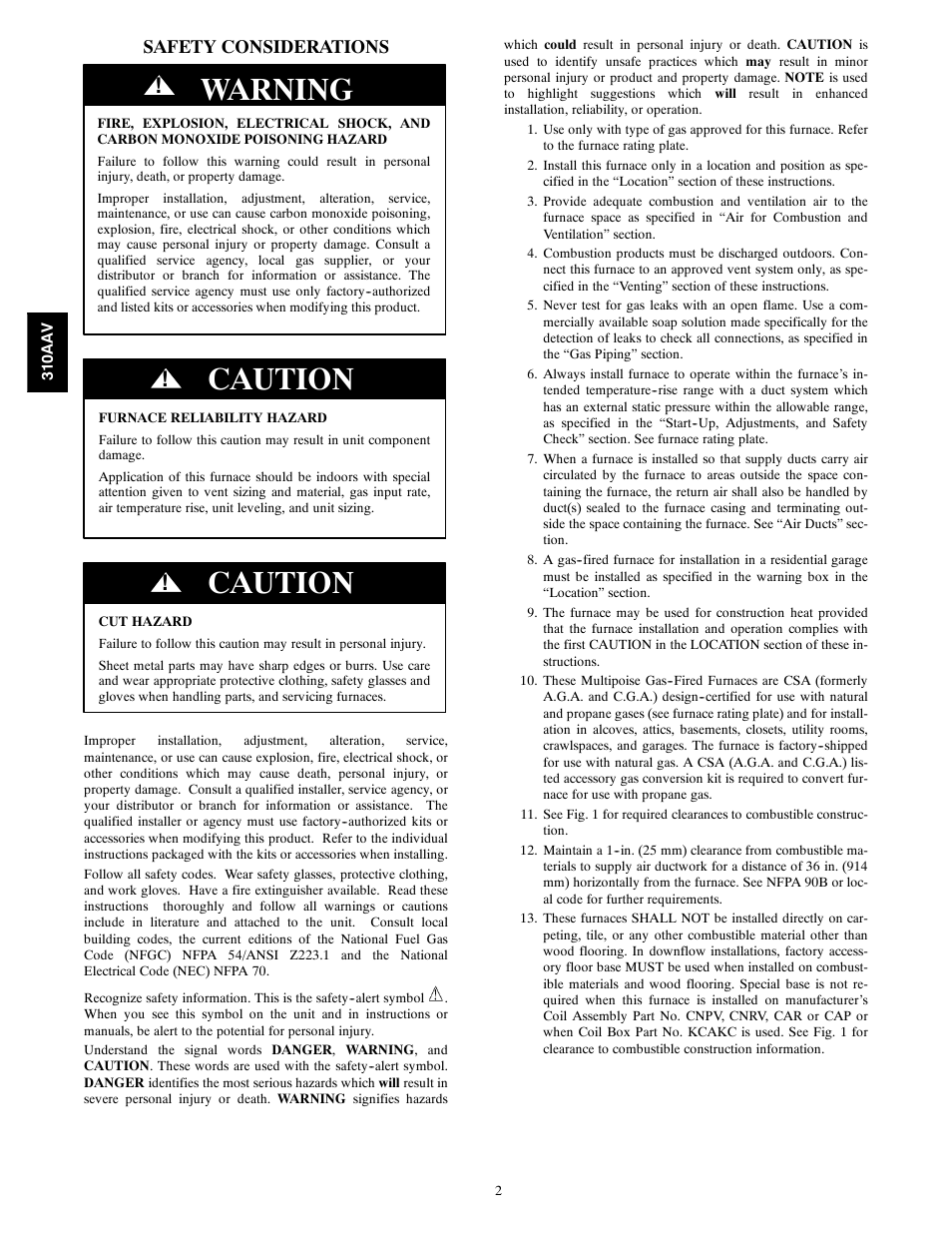 Warning, Caution, Safety considerations | Bryant Series E/F 310AAV User Manual | Page 2 / 52