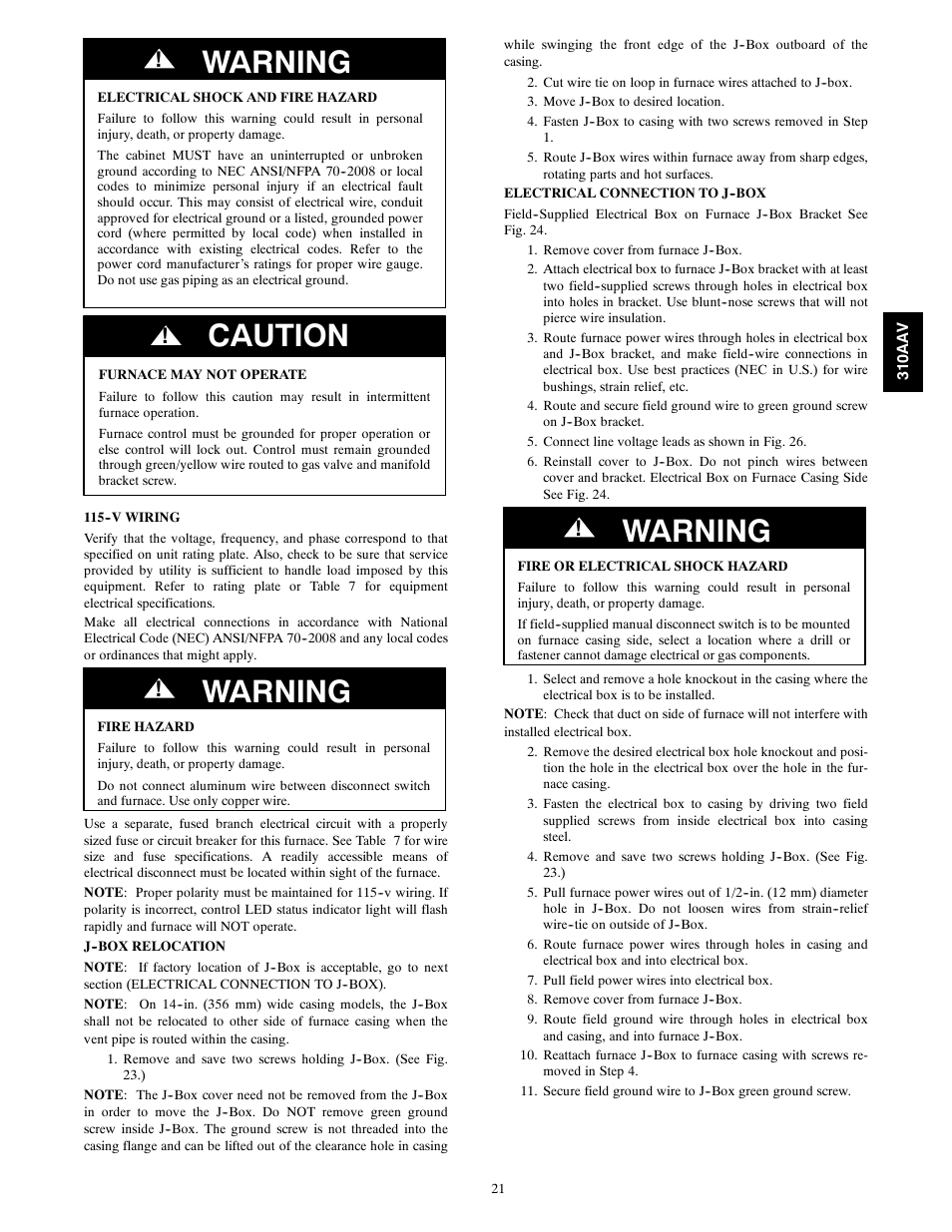 Warning, Caution | Bryant Series E/F 310AAV User Manual | Page 21 / 52