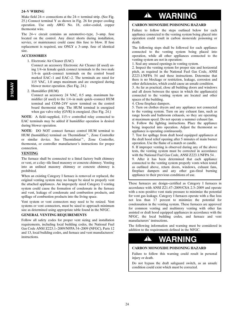 Warning | Bryant Series E/F 310AAV User Manual | Page 24 / 52