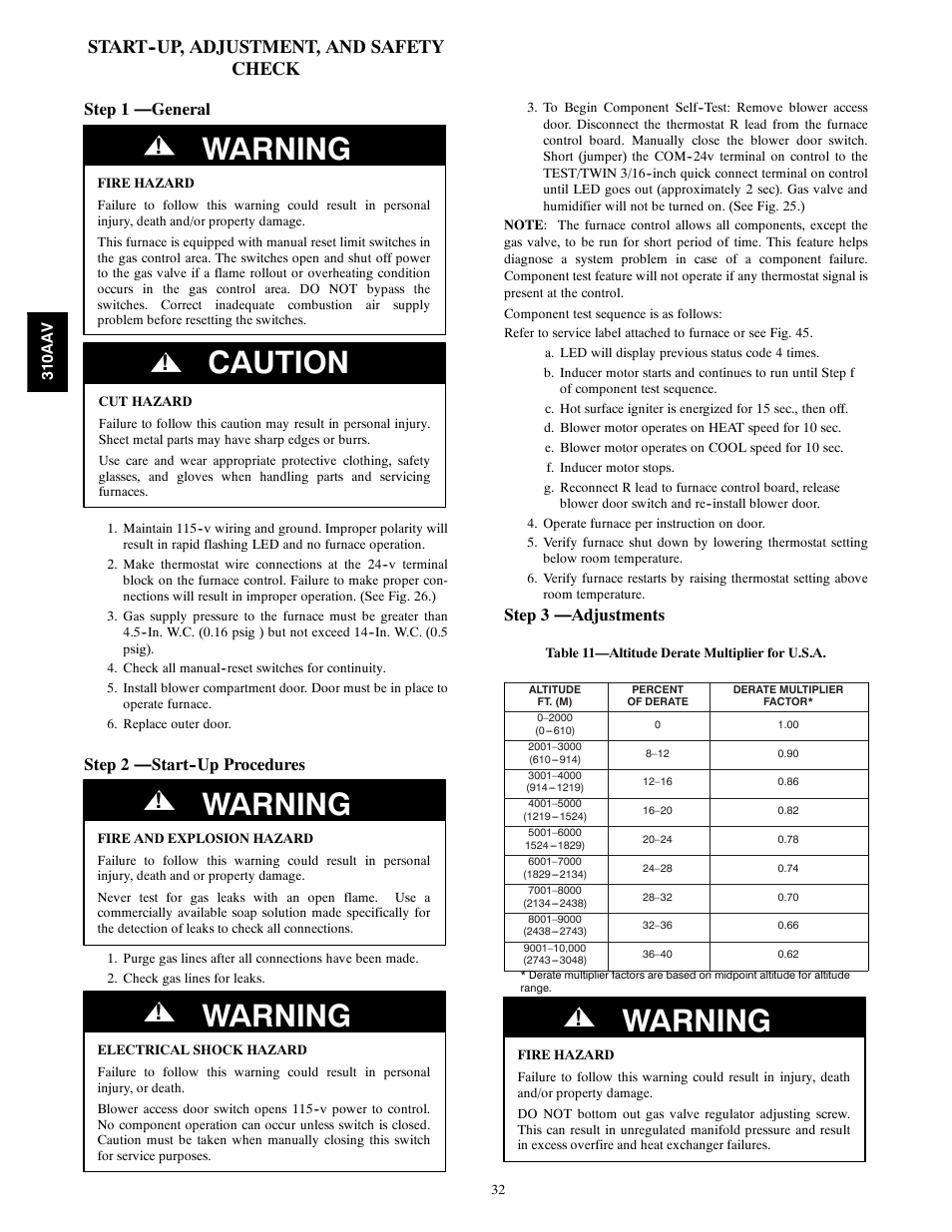 Warning, Caution, Start--up, adjustment, and safety check | Step 1 —general, Step 2 —start--up procedures, Step 3 —adjustments | Bryant Series E/F 310AAV User Manual | Page 32 / 52