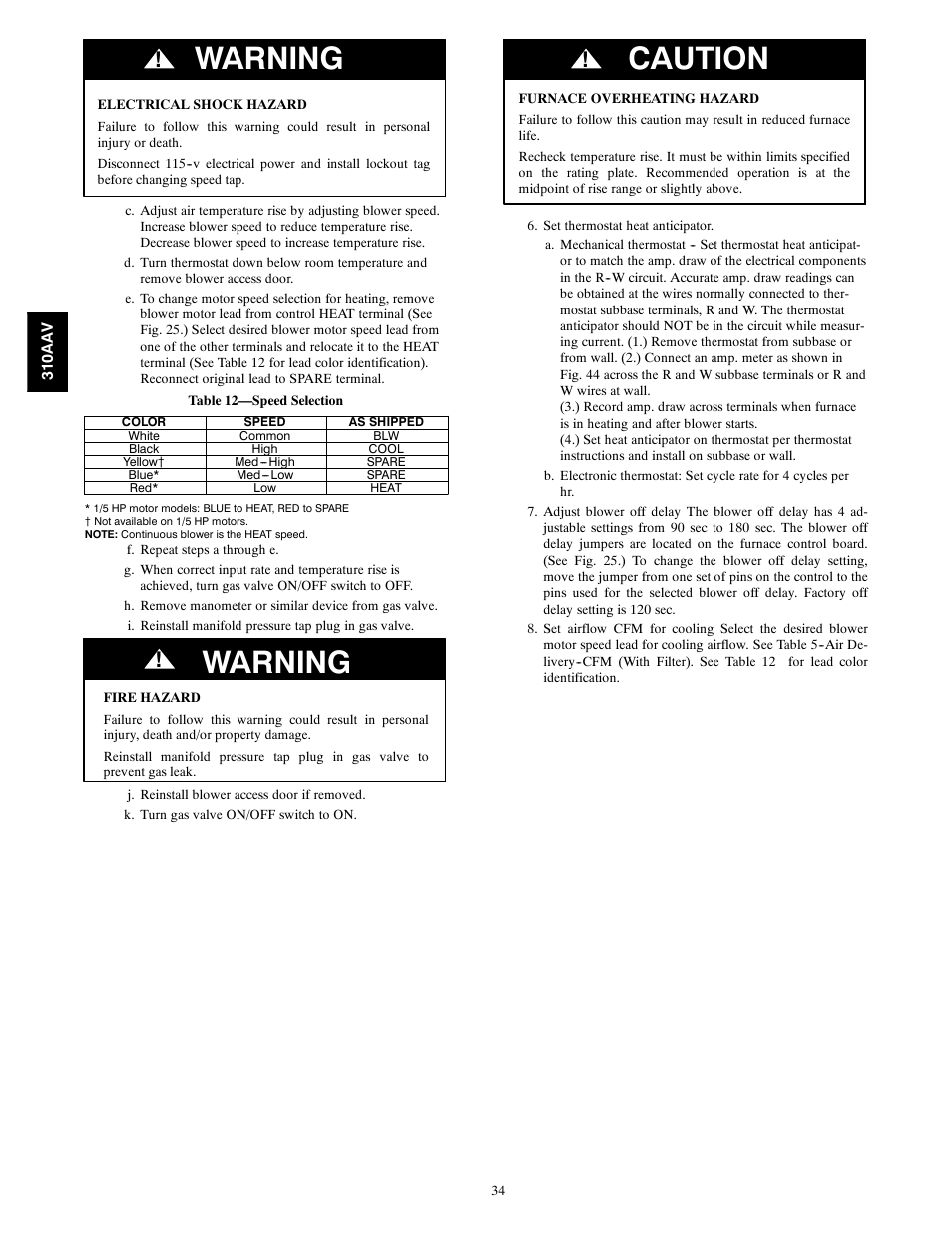 Warning, Caution | Bryant Series E/F 310AAV User Manual | Page 34 / 52