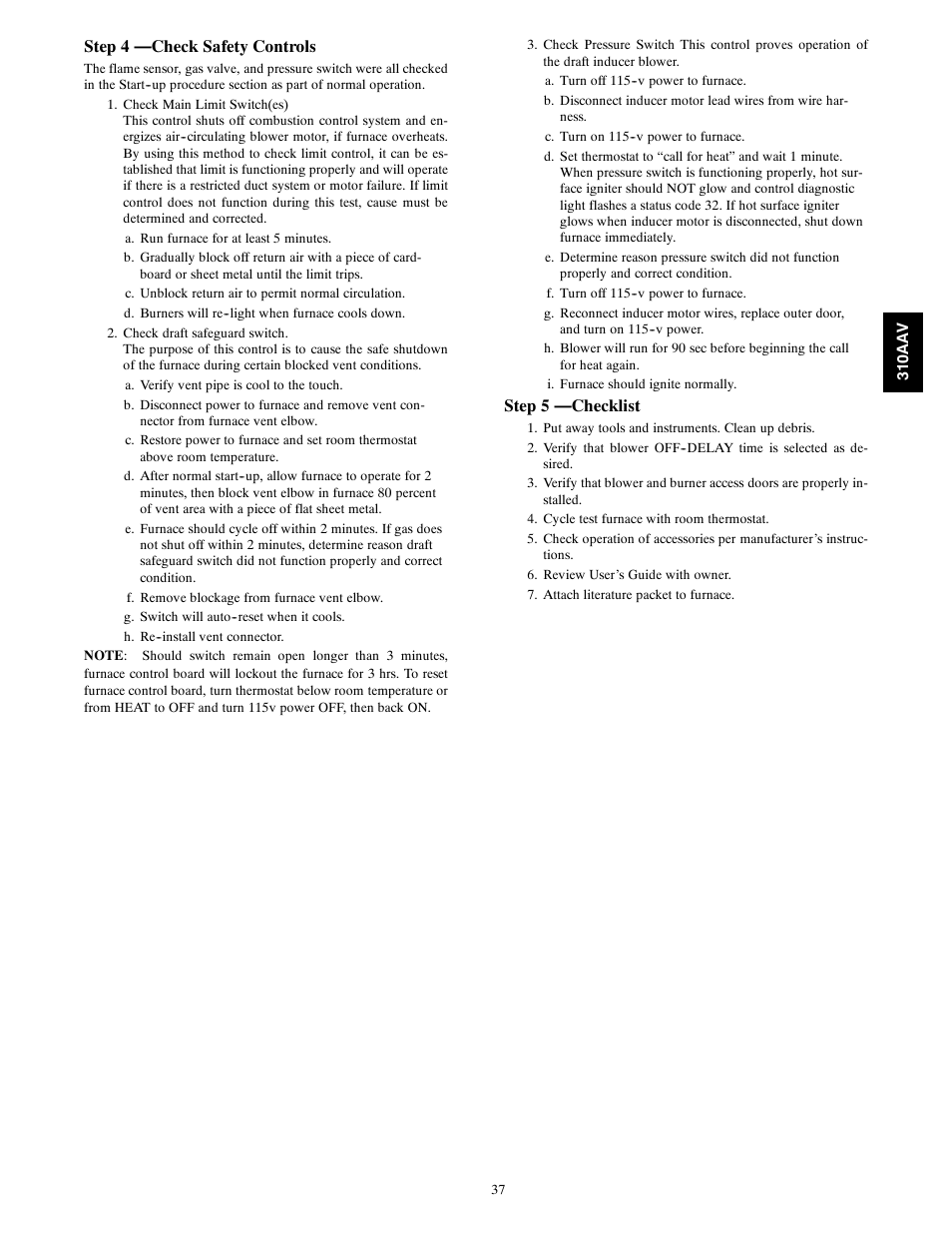 Step 4 —check safety controls, Step 5 —checklist | Bryant Series E/F 310AAV User Manual | Page 37 / 52