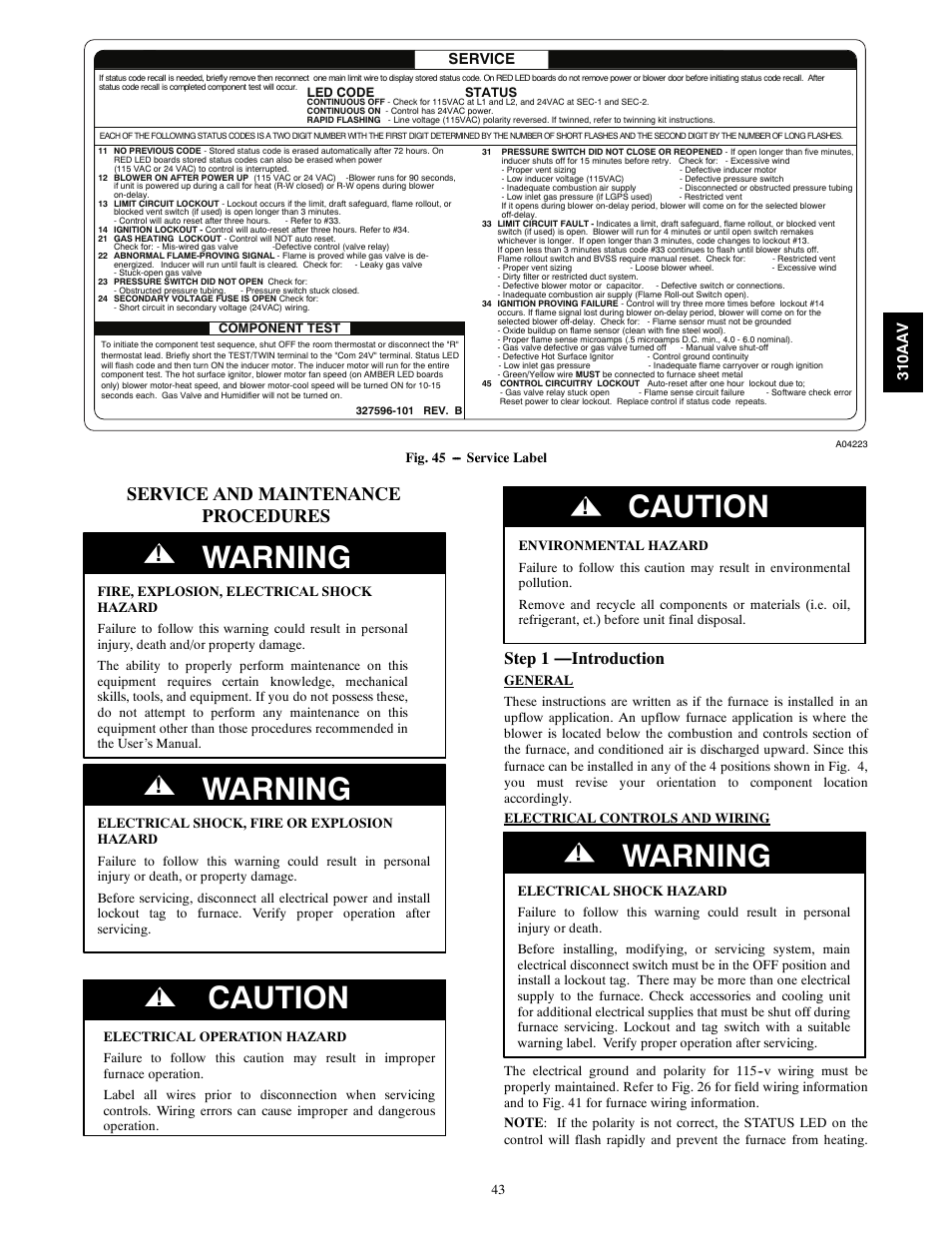 Warning, Caution, Service and maintenance procedures | Step 1 —introduction | Bryant Series E/F 310AAV User Manual | Page 43 / 52