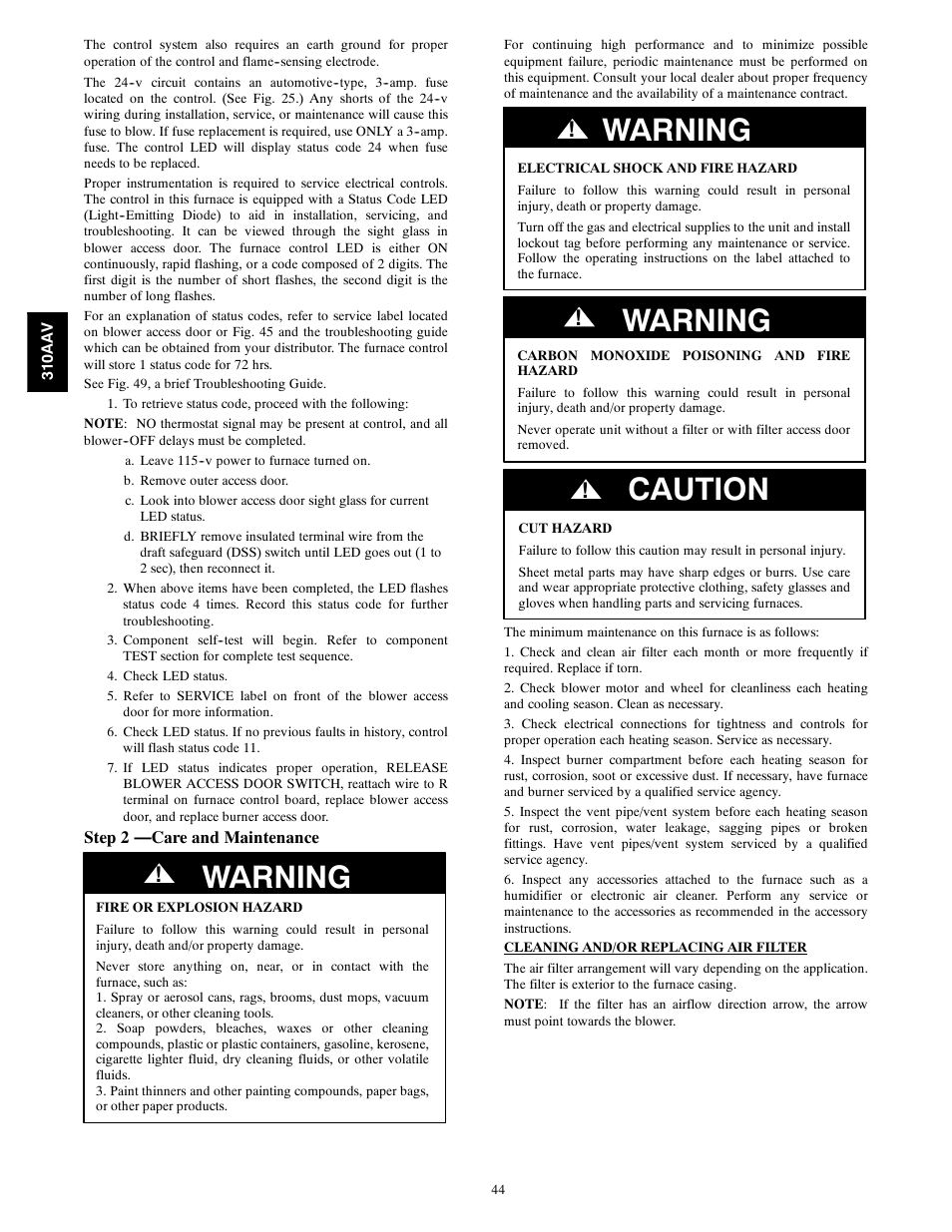 Warning, Caution | Bryant Series E/F 310AAV User Manual | Page 44 / 52