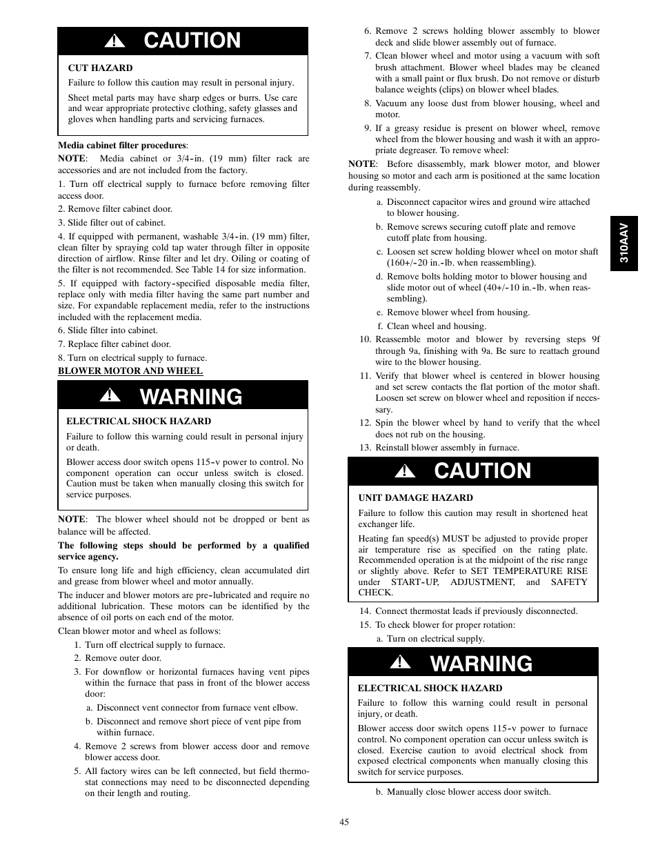 Caution, Warning | Bryant Series E/F 310AAV User Manual | Page 45 / 52