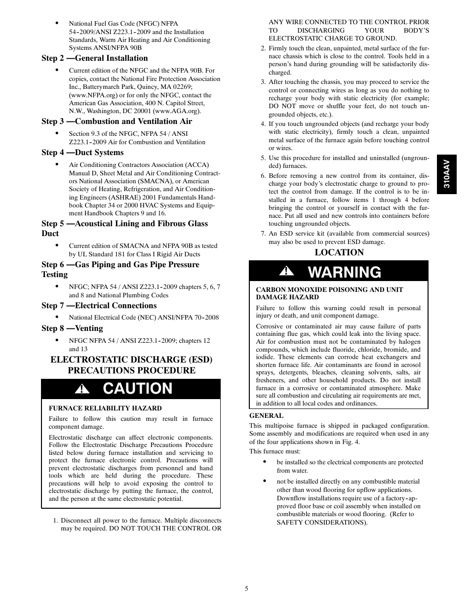 Caution, Warning | Bryant Series E/F 310AAV User Manual | Page 5 / 52