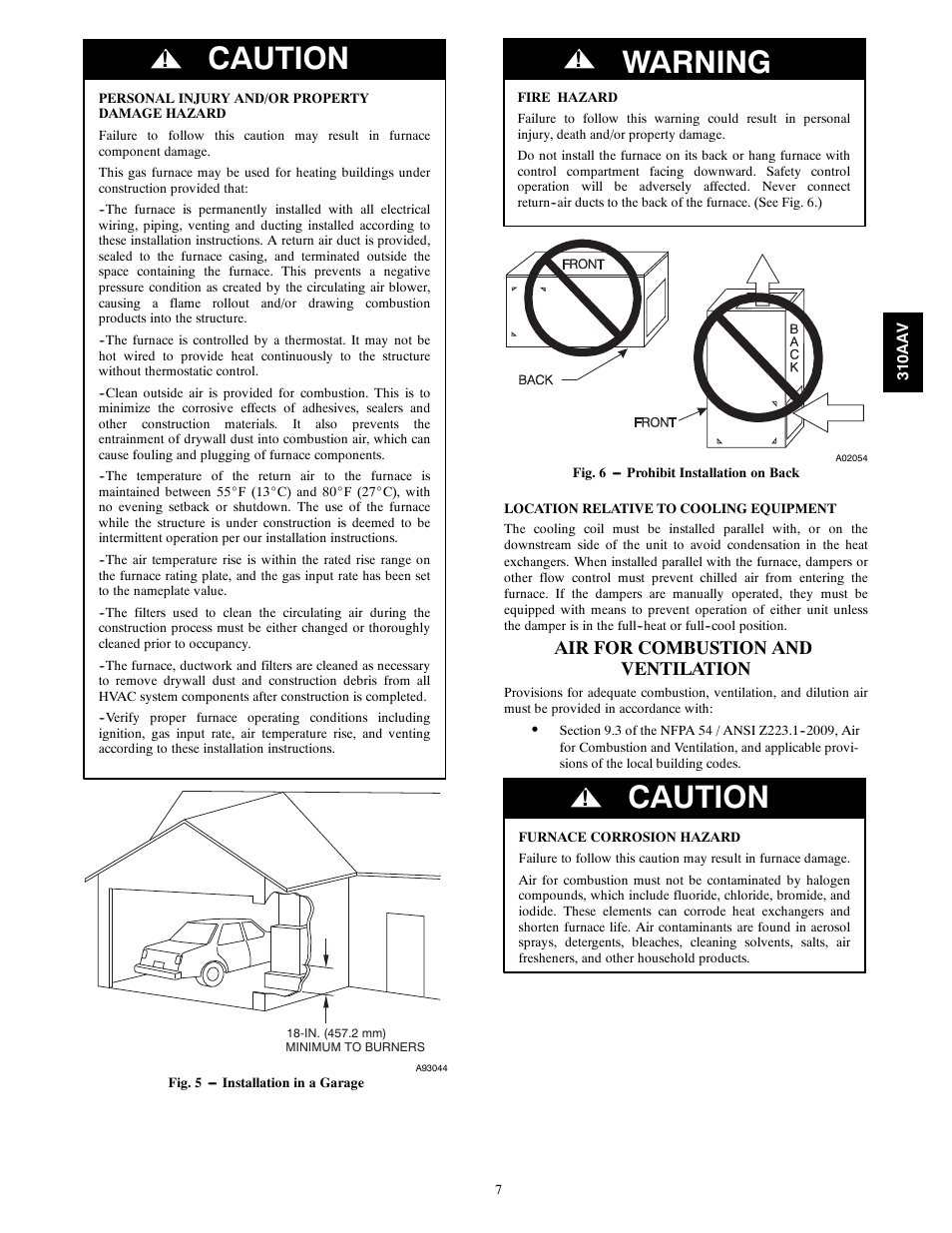 Caution, Warning, Air for combustion and ventilation | Bryant Series E/F 310AAV User Manual | Page 7 / 52