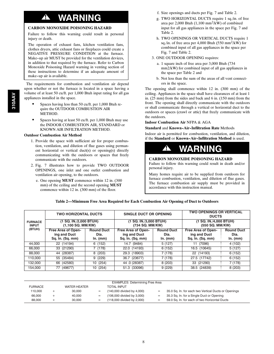 Warning | Bryant Series E/F 310AAV User Manual | Page 8 / 52